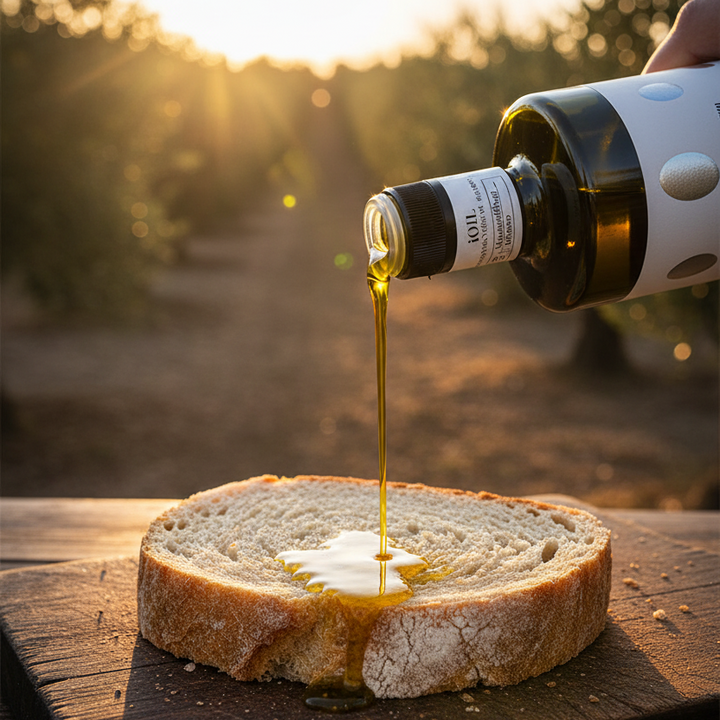 Olive oil being poured from a bottle onto a slice of rustic bread resting on a wooden board, set outdoors at sunset with a blurred background.