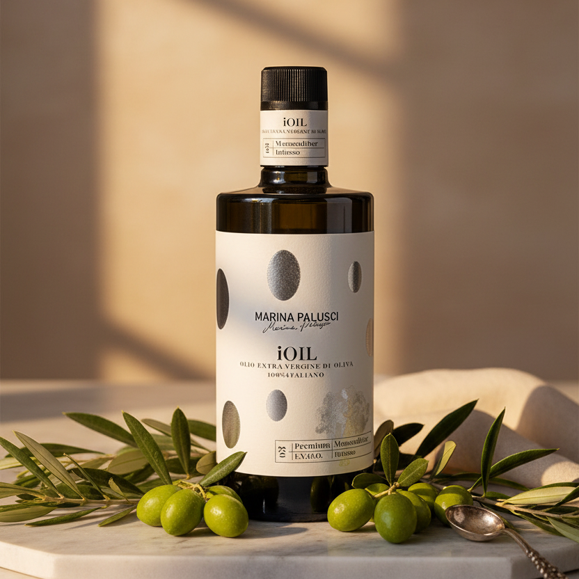 A bottle of Marina Palusci iOil extra virgin olive oil styled on a white marble tray with green olives, olive branches, and a spoon against a warm beige background with soft window shadows.