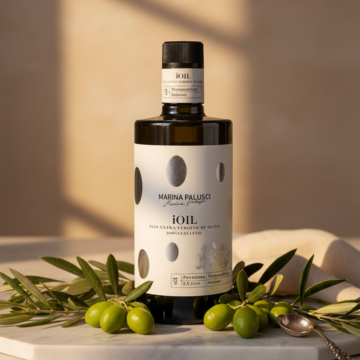 A bottle of Marina Palusci iOil extra virgin olive oil styled on a white marble tray with green olives, olive branches, and a spoon against a warm beige background with soft window shadows.