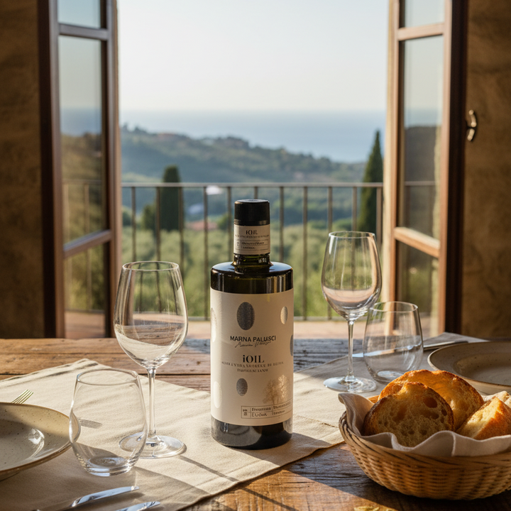 Marina Palusci iOil extra virgin olive oil on a table with a window overlooking italy