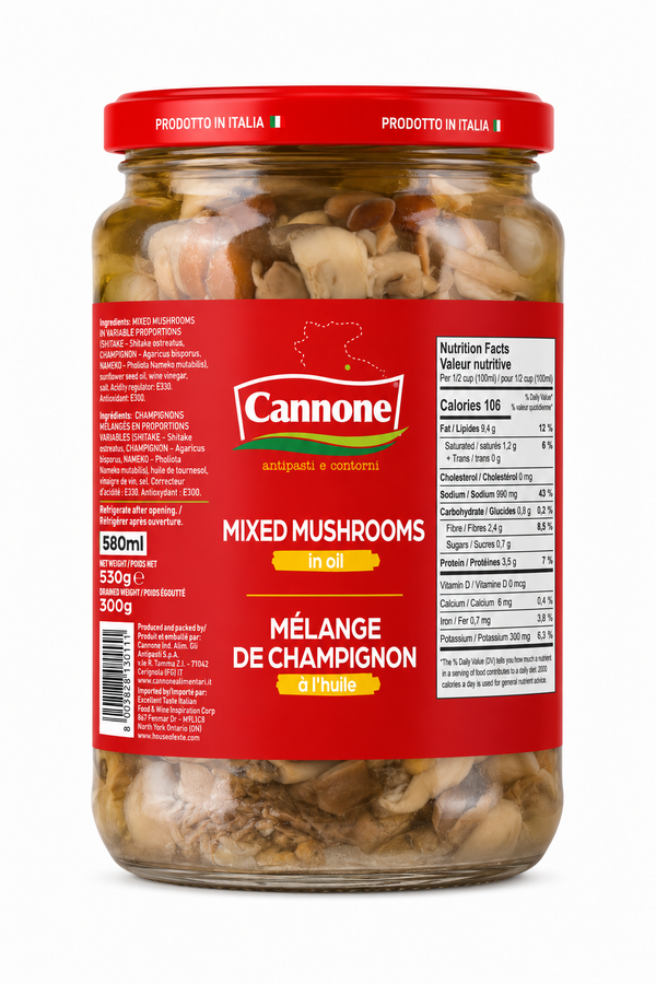 A 580ml glass jar of Cannone Mixed Mushrooms in oil, featuring a red label and a red lid, set against a plain white background.