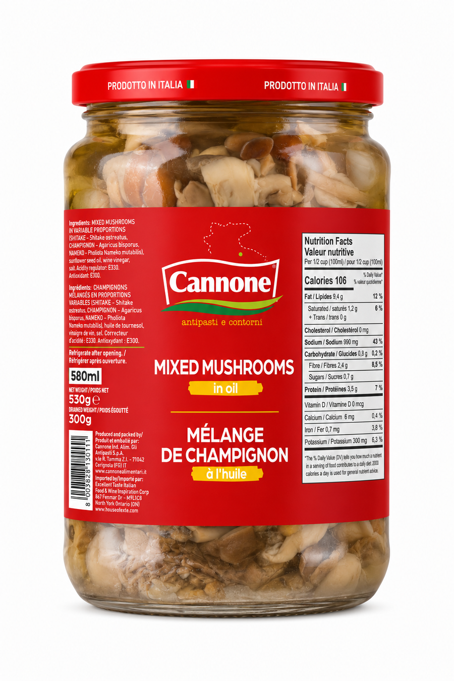 A 580ml glass jar of Cannone Mixed Mushrooms in oil, featuring a red label and a red lid, set against a plain white background.