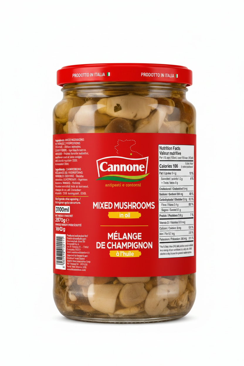 A glass jar of Cannone Mixed Mushrooms on a white background, showing the red lid and red label with product details.