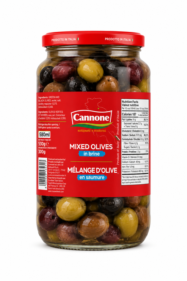 A 550ml glass jar of Cannine Mixed Olives in brine, featuring a red lid and a red label with the Cannine brand logo, set against a plain white background.
