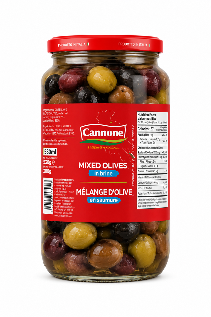 A 550ml glass jar of Cannine Mixed Olives in brine, featuring a red lid and a red label with the Cannine brand logo, set against a plain white background.