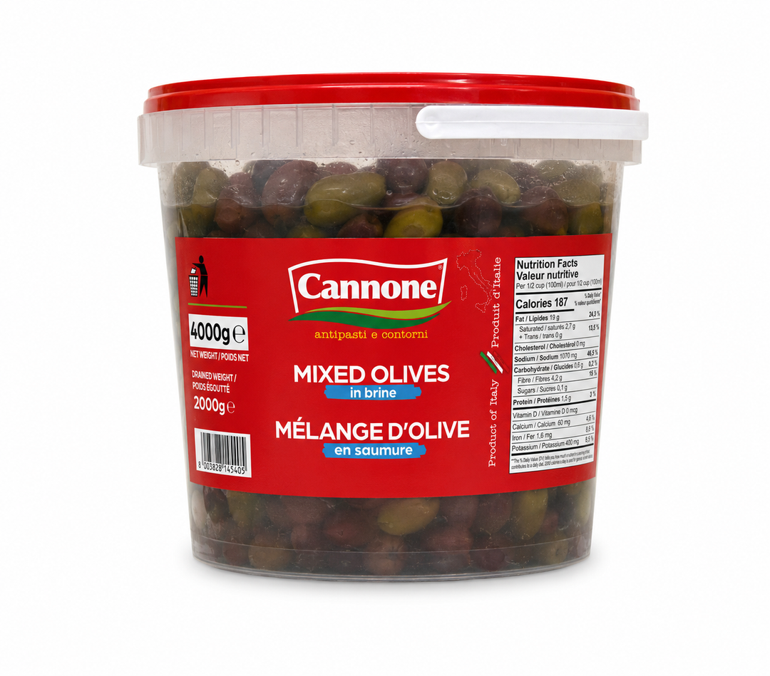 A 4000g (4kg) tub of Cannone Mixed Olives in brine, featuring a red lid and a red label with white and blue text, set against a plain white background.
