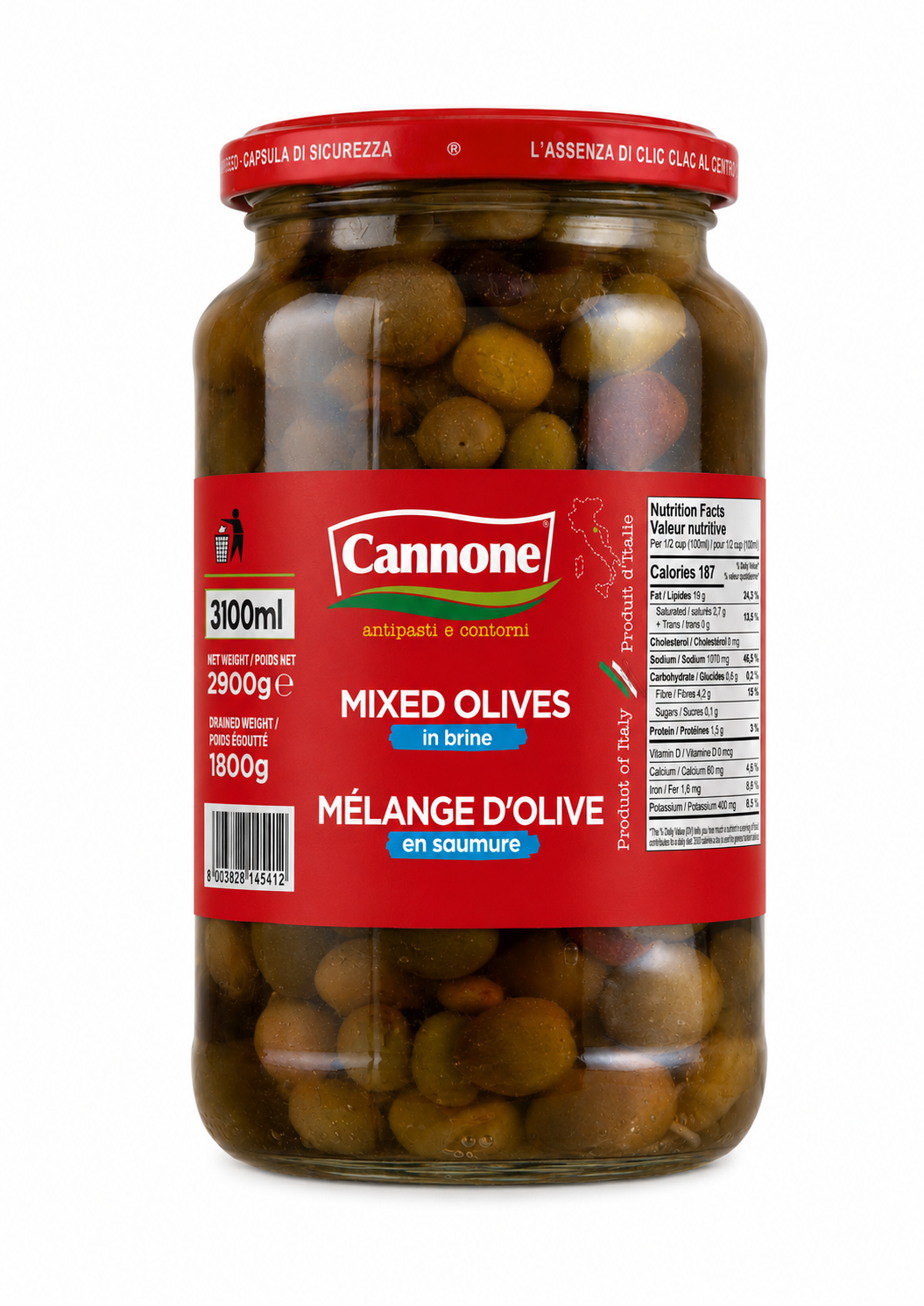 A glass jar of Cannone Mixed Olives in brine, featuring a red lid and a red label with white and blue text, set against a plain white background.