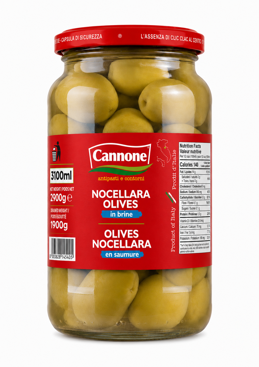A glass jar of Cannone Nocellara Olives in brine, featuring green olives submerged in liquid inside a clear glass container with a red lid and a red label.