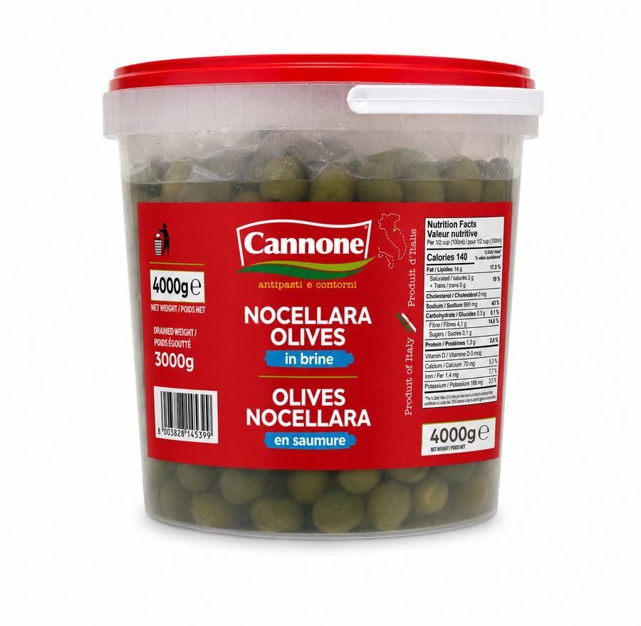 A 4kg plastic tub of Cannone Nocellara Olives in brine, featuring a red lid and a red label with white and blue text, set against a plain white background.