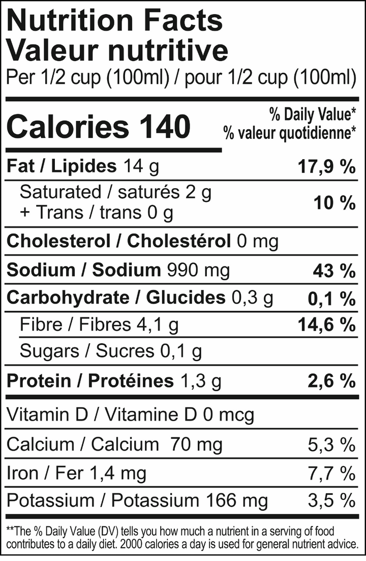 A Nutrition Facts label showing daily nutrient values per 1/2 cup serving, with calories, fat, cholesterol, sodium, carbohydrate, sugars, protein, and other nutrients listed in a black-and-white table format.