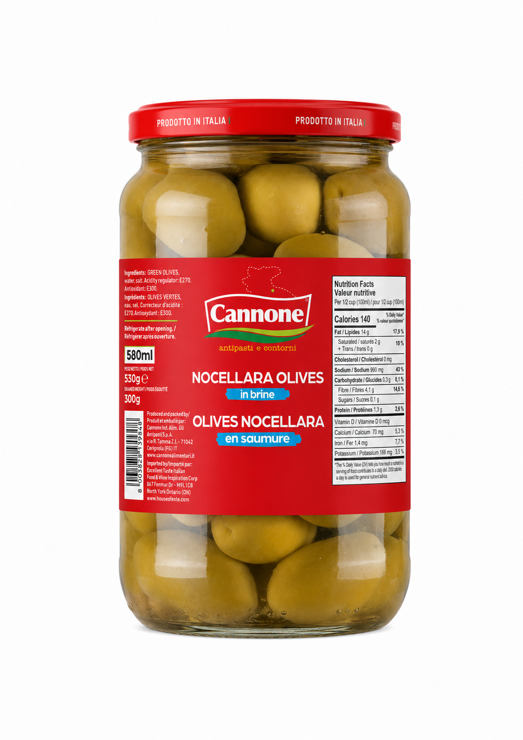A 580ml glass jar of Cannone NoceLLara Olives al dente, featuring green olives in oil with a prominent red label and red lid, on a white background.