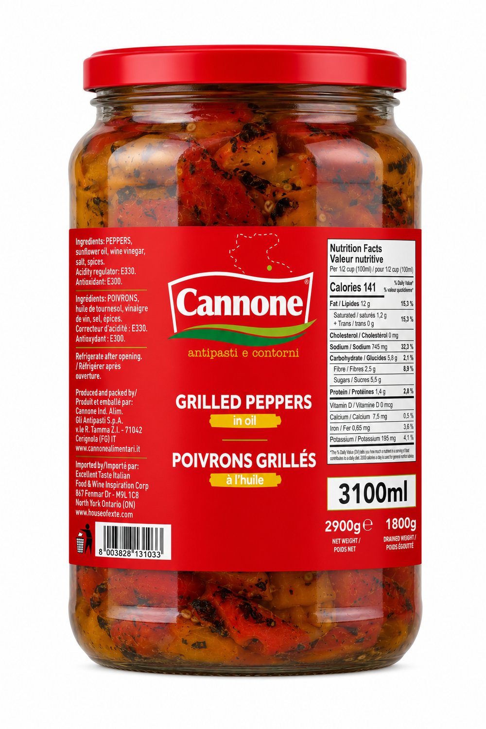 A 3100ml glass jar of Cannone Grilled Peppers in oil, showing the back of the red label with nutritional facts, on a white background.