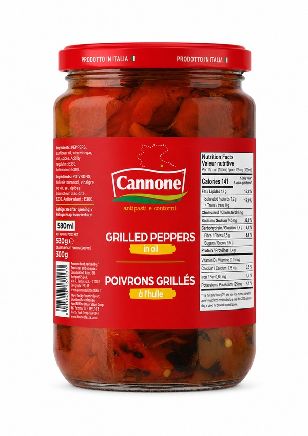 A jar of Cannone Grilled Peppers in oil, featuring a red lid and a red label with white and yellow branding, set against a plain white background.