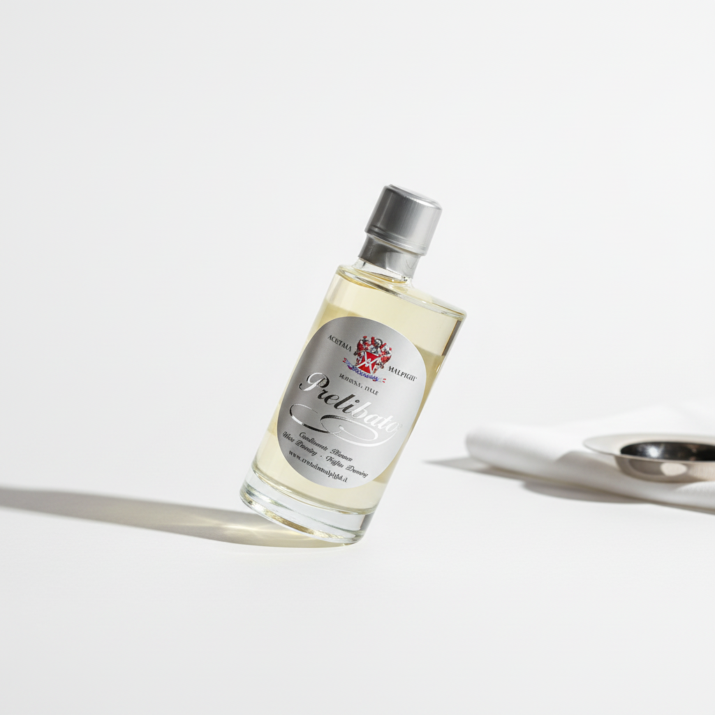 A clear glass bottle of acetaia malpighi White Dressing with a silver cap