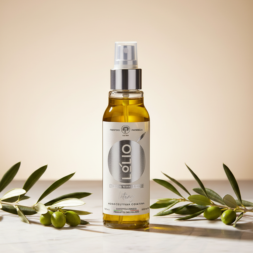 A bottle of L'Olio Extra Virgin Olive Oil spray with a silver pump and white label, styled on a marble surface with olive branches against a warm beige background.