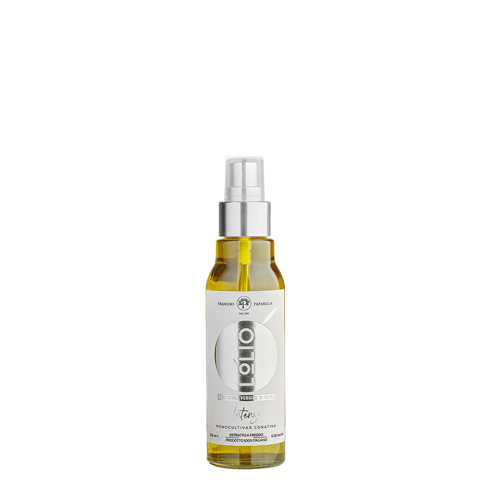 Spray bottle of lolio extra virgin olive oil on a white background
