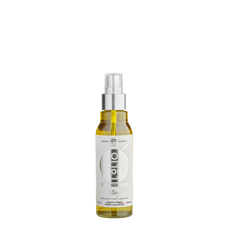 Spray bottle of lolio extra virgin olive oil on a white background
