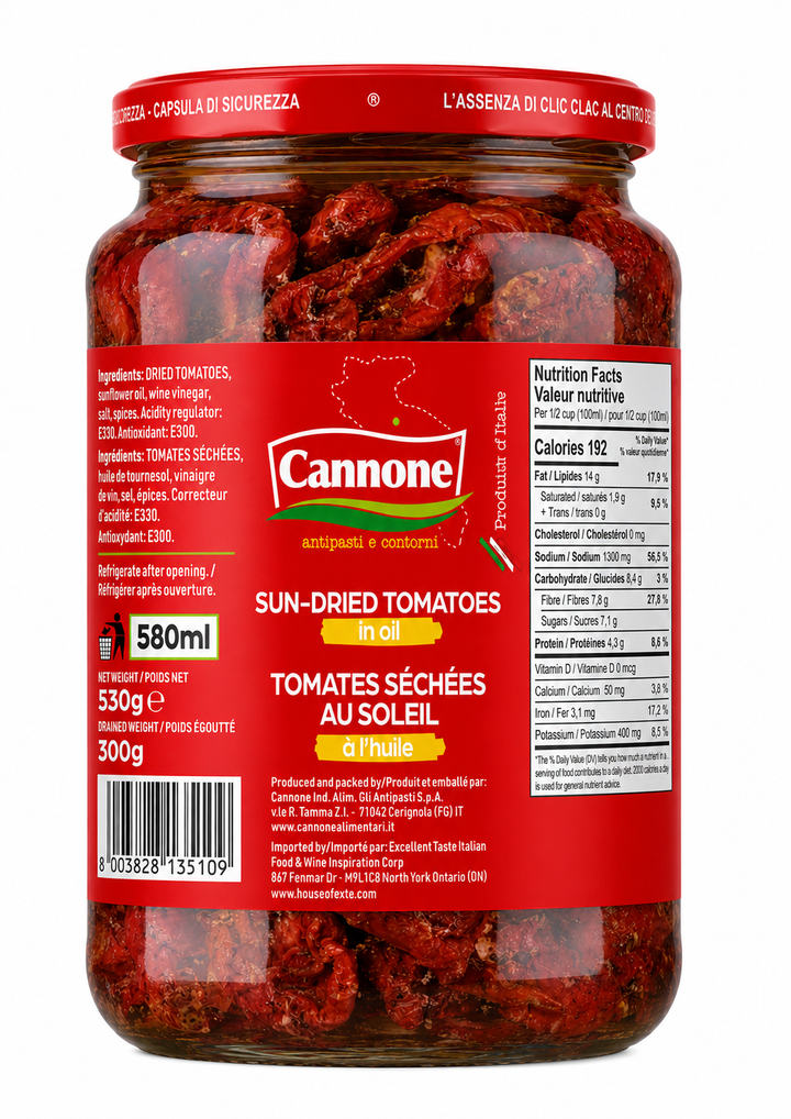 A 580ml glass jar of Cannone Sun-Dried Tomatoes in oil, featuring a red label and a red lid, set against a plain white background.
