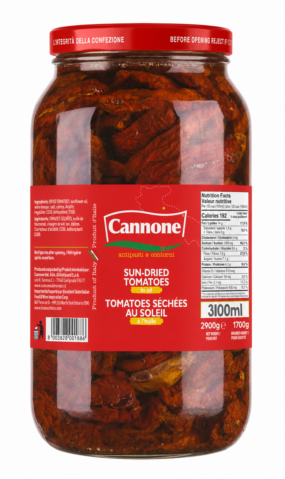 A large glass jar of Cannone sun-dried tomatoes, showing the dark red dried tomatoes inside and a red label with white and yellow text.