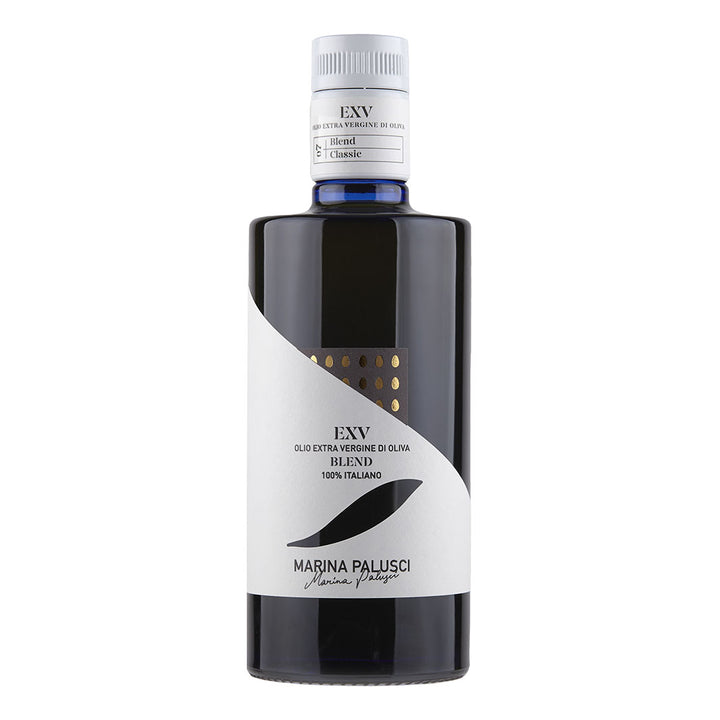 A bottle of Marina Palusci EXV Extra Virgin Olive Oil with a label showing the brand name and 'EXV' indicating extra virgin. The olive oil is presented in a dark glass container with a white and gold label.